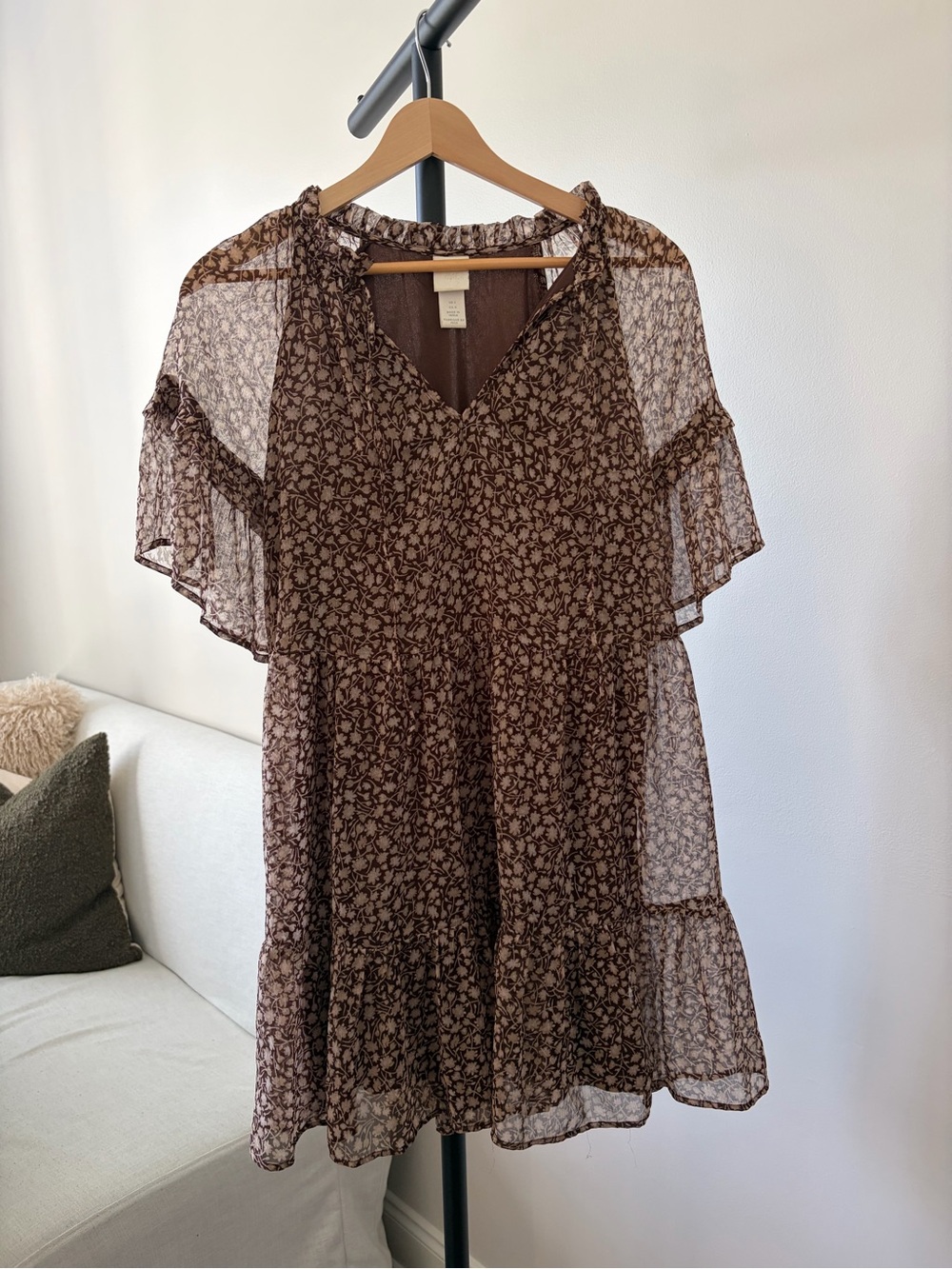 Brown Floral Sheer Ruffle Mini Dress
